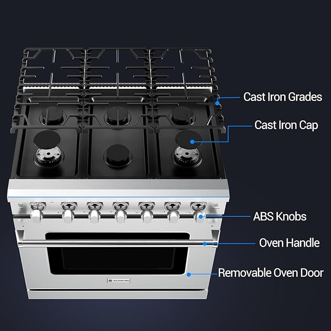 AAOBOSI 36 Inch Front Control Gas Range Oven with 6 Cooktop Burners, 6 Cu. Ft True Convection and Self Clean, Freestanding Stainless Steel Heavy Duty Gas Range Stove with Halogen Light,Large Capacity