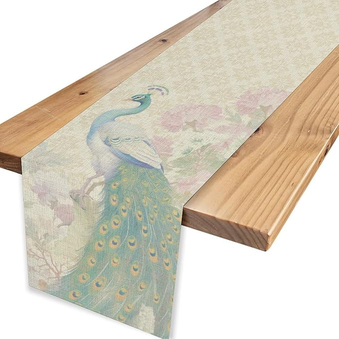 Peacock Table Runner,Rustic Traditional Chinese Style Watercolor Peacock Pink Flora Elegant Table Center Decor for Family Kitchen Table Decorations Indoor Outdoor, 13"x72"