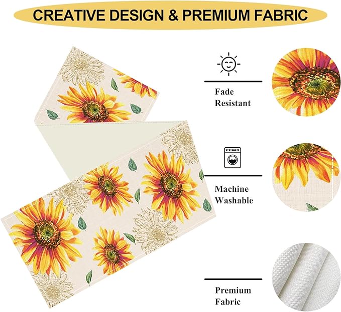 Summer Table Runner, Watercolor Yellow Floral Vase Spring Sunshine Farmhouse Rustic Coffee Table Center Decor for Home Kitchen Dining Patio Indoor Outdoor Table Decorations, 13"x36" Inch