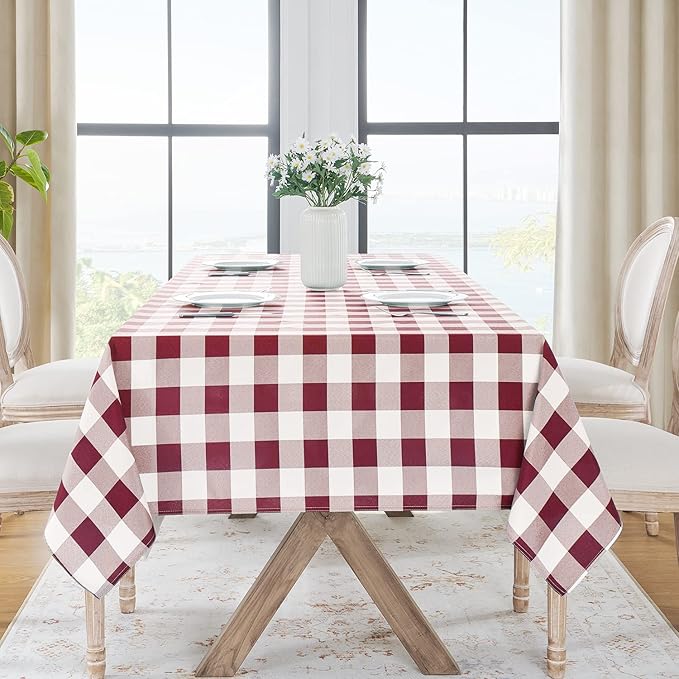 Softalker Gingham Checkered Tablecloth Rectangle - Outdoor Waterproof Buffalo Plaid Table Cloth, Stain Resistant Washable Table Cover for Picnic, Camping, Dining - Burgundy and White, 60 x 84 Inch
