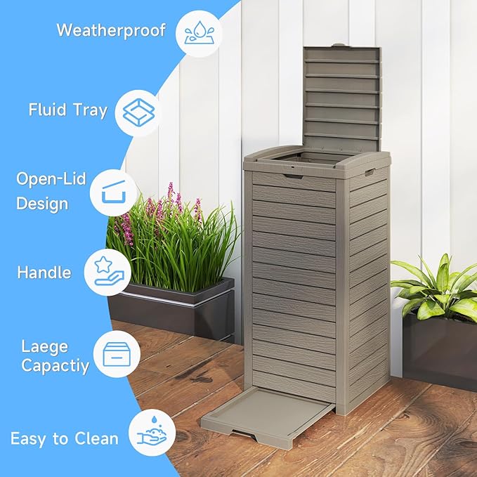 38 Gallon Outdoor Trash Can with Lid, Waterproof Resin Outdoor Trash Can Bottom with Pull-Out Liquid Drawer, Dual Lid Closure Garbage Can for Kitchen, Hideaway, Deck, Patio(Deep Grey)