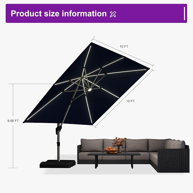 PURPLE LEAF Cantilever Patio Umbrella 10' X 10' Solar LED Light, Support to - Image 7