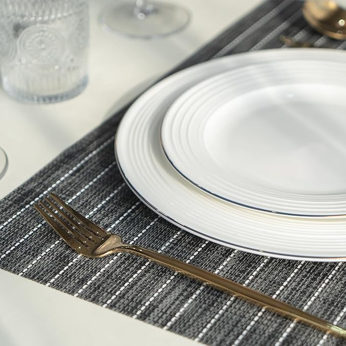 Placemats Set of 8 Vinyl/Plastic Woven Place Mats for Kitchen Table Indoor/Outdoor Washable Placemat Wipeable Dining Table Mats (Black Stripes,8)