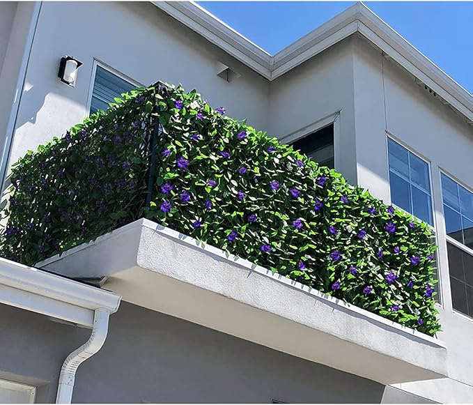 Expandable Fence Privacy Screen for Balcony Patio Outdoor,Decorative Faux Ivy Fencing Panel,Artificial Hedges (Single Sided Leaves) (1, Green Flowers)