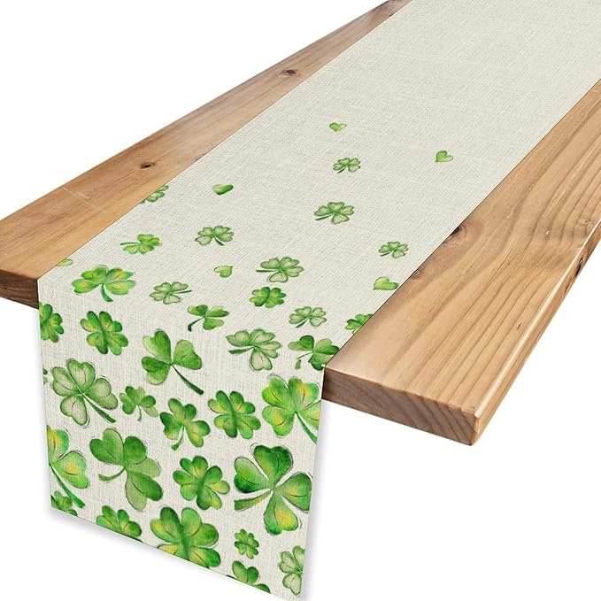 St.Patrick's Day Table Runner,Rustic Green Clover Seasonal Leaves White Green Table Center Decor for Family Kitchen and Living Room Outdoor Farmhouse Party Table Decorations, 13"x108"