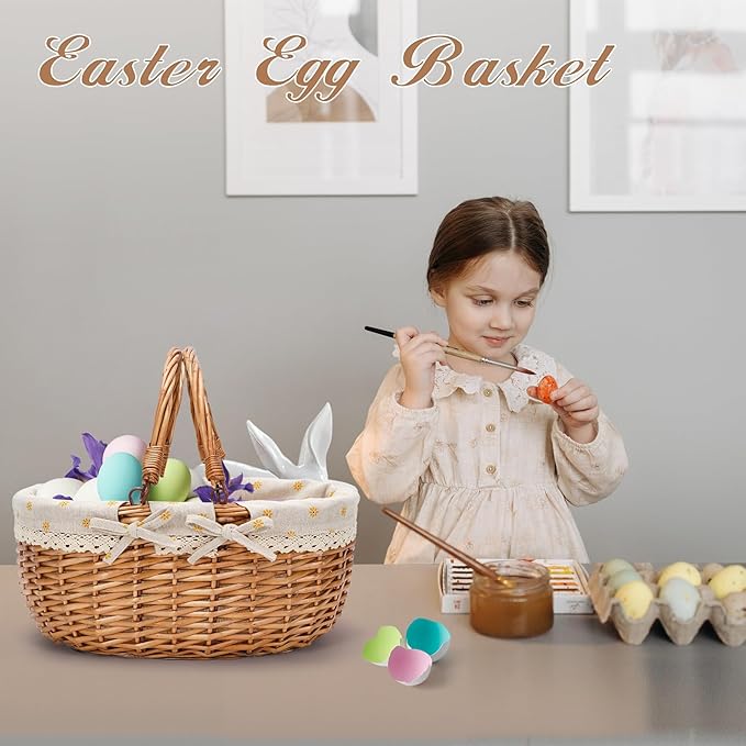 G GOOD GAIN Wicker Picnic Basket with Double Folding Handles,Willow Picnic Hamper,Natural Hand Woven Easter Basket,Easter Eggs and Candy Basket,Bath Storage,Gift Packing Basket.Yellow