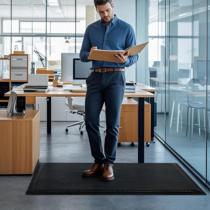 2 x 5 FT Anti Fatigue Mats Industrial 15/16 Inch Thick Soft Sponge Ergonomic Mat Durable Heavy Duty Diamond Plate for Standing Non Slip Industrial Grade Floor Mat for Leg & Back Pain (Black)