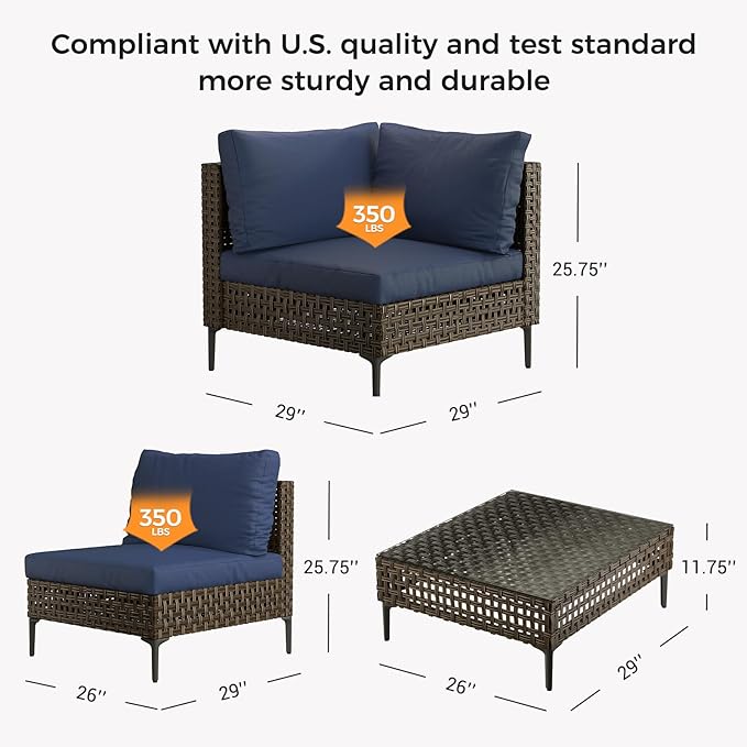 Grand patio 7-Piece Wicker Patio Furniture Set, Retro Outdoor Conversation Set Sectional Sofa with Water Resistant Blue Thick Cushions and Coffee Table, Brown