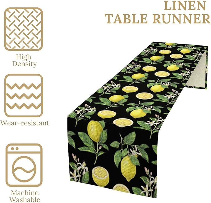 Watercolor Lemon Table Runner, Spring Summer Seasonal Green Leaves Flowers Yellow Fruits Print Table Runner for Farmhouse Kitchen Dining Table Home Party Indoor Decor 13x90in