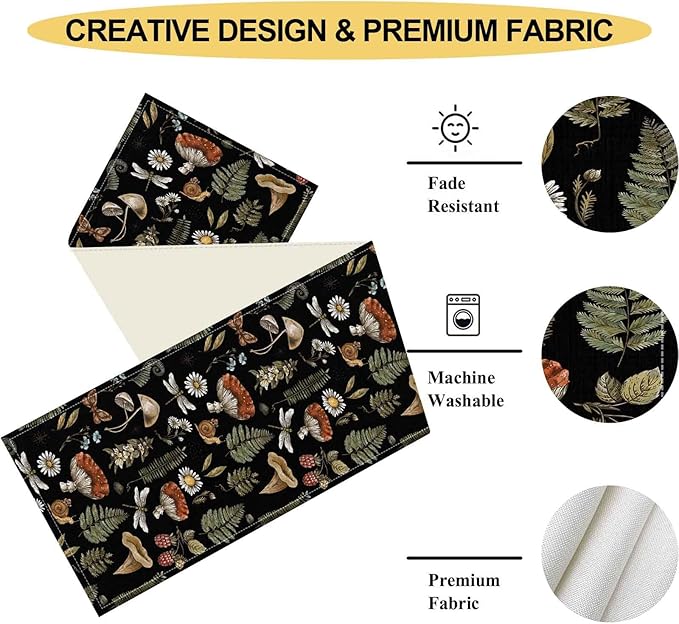 Mushroom Table Runner, Rustic Farmhouse Forest Plants Botanical Country Black Coffee Table Center Decor for Home Kitchen Dining Patio Holiday Party Indoor Outdoor Table Decorations, 13"x72" Inch