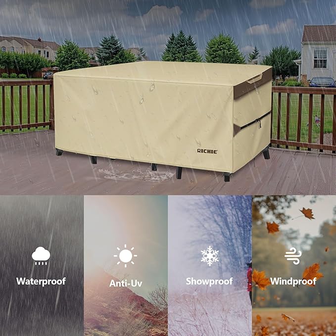 Outdoor Patio Furniture Cover - Heavy Duty Waterproof 600D Tough Canvas Protector for Square Table Cover, All-Season Dining Table and Chair Cover (106L x 106W x 28H Inch)