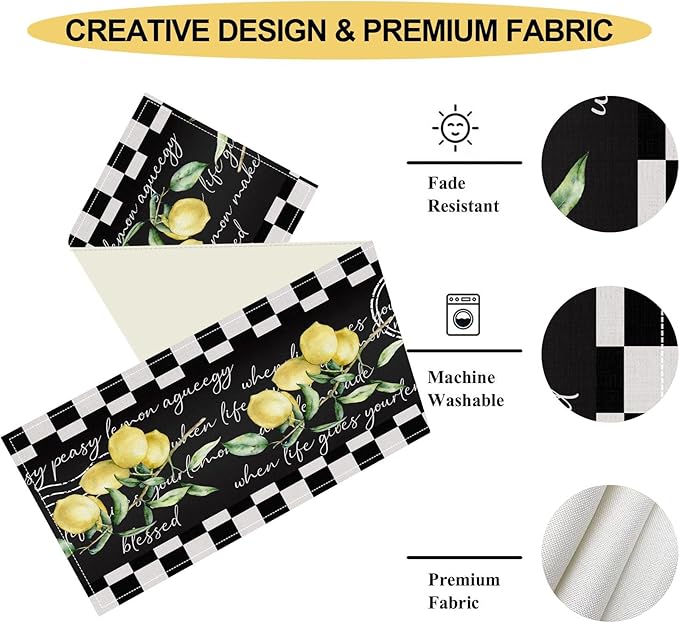Lemon Table Runner, Farmhouse Black Buffalo Plaid Seasonal Summer Spring Fruits Rustic Coffee Table Center Decor for Home Kitchen Dining Party Patio Indoor Outdoor Table Decorations, 13"x72" Inch