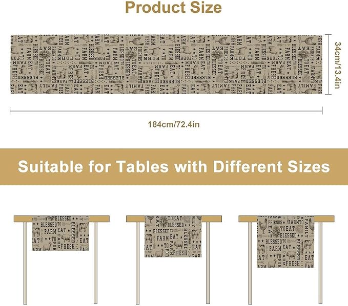 Farmhouse Animal Table Runner, Vintage Country Cow Chicken Sheep Pig Rustic Western Windmill Print Table Runner for Home Dining Kitchen Table Indoors Outdoors Party, 13x60inch