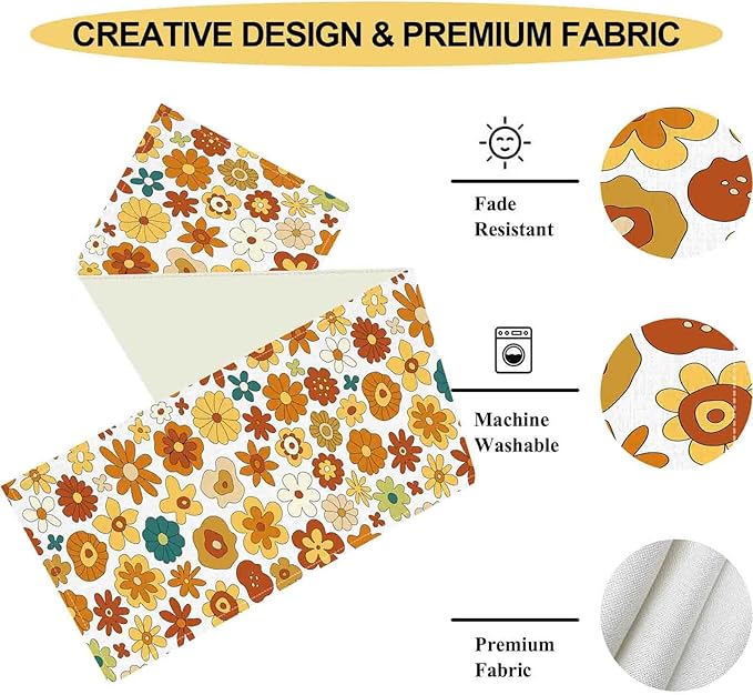 Groovy Floral Table Runner, Retro 70s Hippie Floral Funky Cute Flower Trippy Orange Coffee Table Center Decor For Home Kitchen Dining Patio Holiday Party Indoor Outdoor Table Decorations, 13"x72" Inch