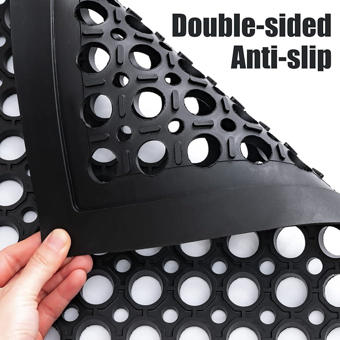 Anti Fatigue Rubber Mats Outdoor Restaurant Kitchen Rubber Drainage Floor Mat Durable No Slip Commercial Bar Floor Mats Used for Garage Black 36" x 60"