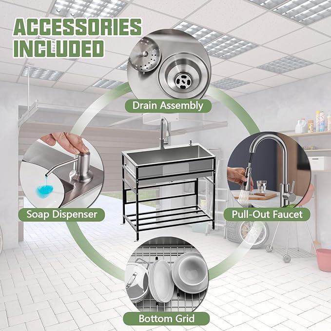 33x19 Inch Stainless Steel Utility Sink-Freestanding Laundry Sink Practicality With Accessories Stainless Functional Faucet,Soap Dispenser, SS Sink Grid For Laundry,Garage,Outdoor Kitchen,Garden...