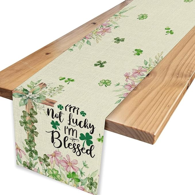 Cross Clover Table Runner,Rustic Beige Pink Floral Green Shamrock St.Patrick's Day Table Center Decor for Home Kitchen Dining Patio Holiday Party Indoor Decorations, 13"x90"