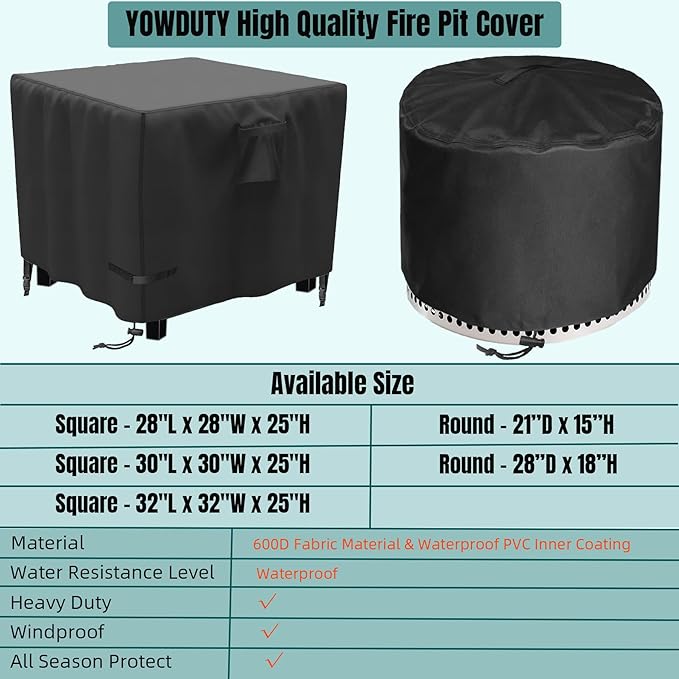 Propane Fire Pit Cover Square 32 Inch, Waterproof Heavy Duty 600D Gas Fire Pit Table Cover 32 x 32 x 25 Inch, Fit 28/29/30/31/32 Inch Firepit Table, All-weather Protection For Patio
