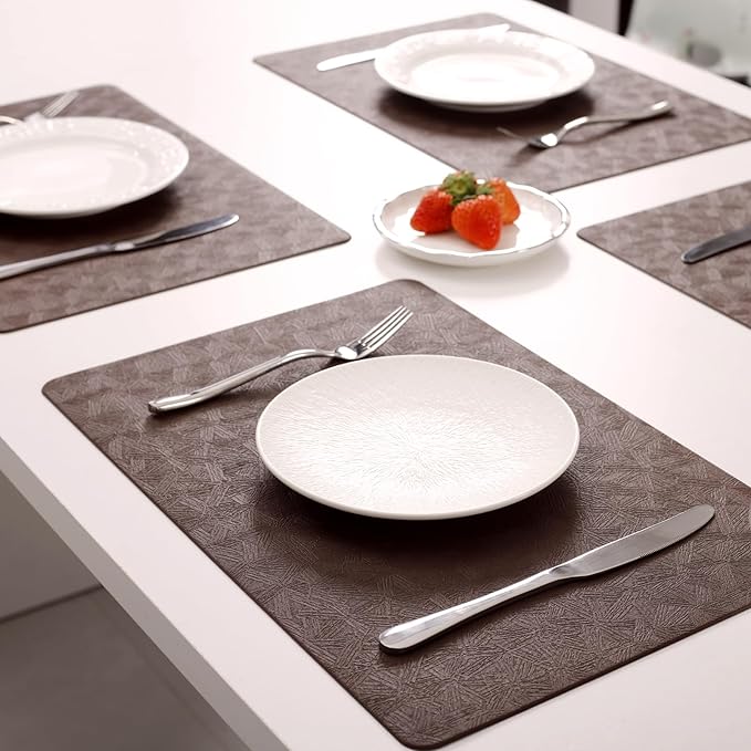 Vinyl Placemats Set of 8 Heat Resistant Easy Clean Non-Slip Place Mats for Dining Table. Faux Leather Waterproof Stain Resistant Wipeable Washable PU Table Mats(8, Brown)