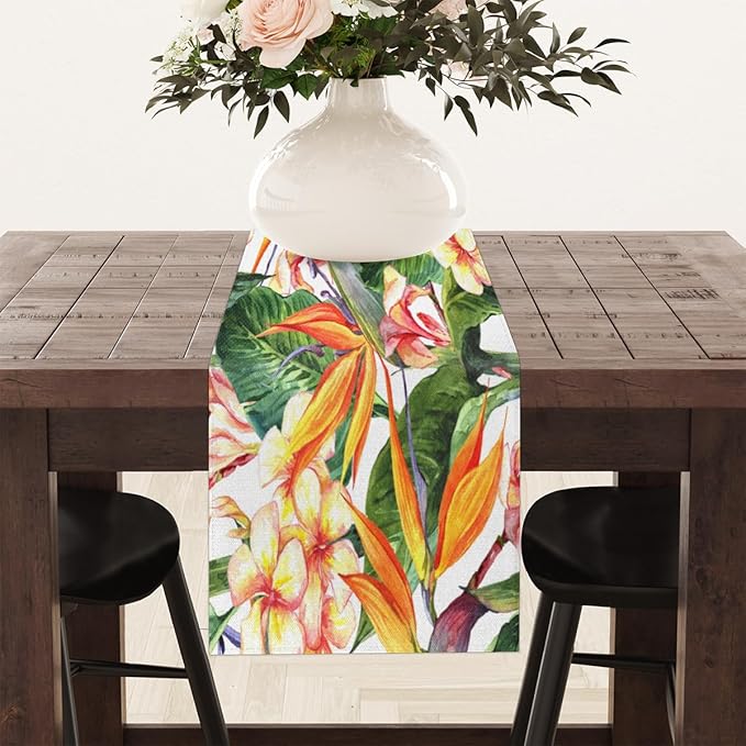 Tropical Exotic Flowers Bird Paradise Table Runner Kitchen Dining Table Runner 13*36in Table Center Decor for Indoor Outdoor Home Holiday Party