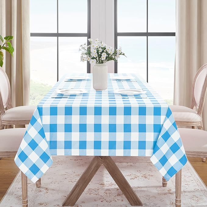 Softalker Gingham Checkered Tablecloth Rectangle - Outdoor Waterproof Buffalo Plaid Table Cloth, Stain Resistant Washable Table Cover for Picnic, Camping, Dining - Blue and White, 54 x 108 Inch