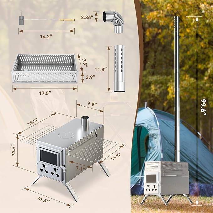 Sauna Hot Tent Stove, Rocket Camping Wood Burning Stove with 8 Stainless Chimney Pipes, Portable Folding Wood Stove for Tent, Outdoor Heating, Cooking, Ice Fishing, Hunting