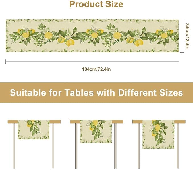 Summer Lemon Table Runner, Spring Blooming Lemon Tree Branches Bouquets Yellow Green Leaves Table Runner for Farmhouse Home Dining Kitchen Table Party Decor, 13x90inch