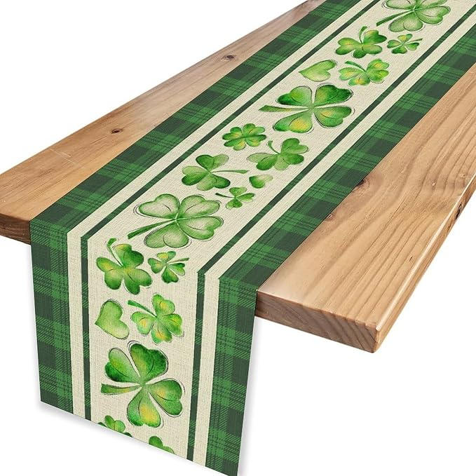 St.Patrick's Day Table Runner,Vinatge Rustic Green Buffalo Plaid White Shamrock Watercolor Table Center Decor for Home Kitchen Dining Patio Holiday Party Indoor Table Decorations, 13"x72"