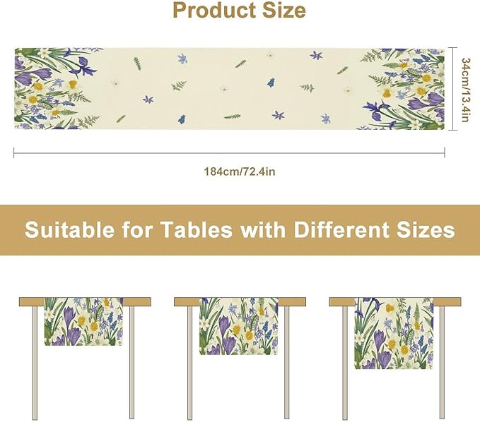 Wildflowers Table Runner,Spring Purple Floral Summer Seasons Daisy Flower Print Kitchen Dining Table Decoration for Home Farmhouse Party 13x120in