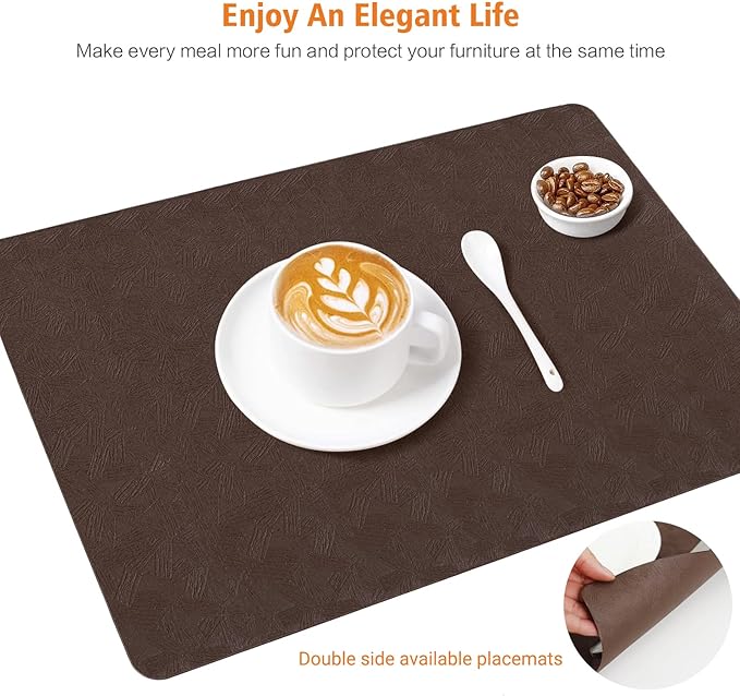 Vinyl Placemats Set of 4 Heat Resistant Easy Clean Non-Slip Place Mats for Dining Table. Faux Leather Waterproof Stain Resistant Wipeable Washable PU Table Mats(4, Brown)