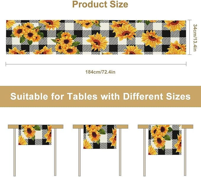 Yellow Sunflower Table Runner, Vintage Farmhouse Black White Sunshine Sunflowers Print for Autumn Farmhouse Home Kitchen Table Decoration,13x70inch