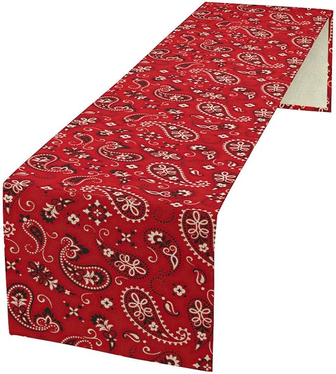 Red Paisley Table Runner, Rustic Damask Antique Floral Flower Retro Boho Swirled Pattern Vintage Coffee Table Center Decor for Family Kitchen and Living Room Outdoor Table Decorations, 13"x108"