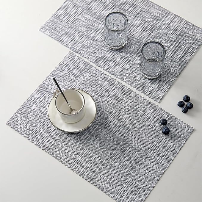 Placemats Set of 6, Plastic Vinyl 18" x 12" Place Mats for Dinner Table, No-Slip Wipeable Table Mats Daily Use Patio Kitchen Decoration (White Mix Black)