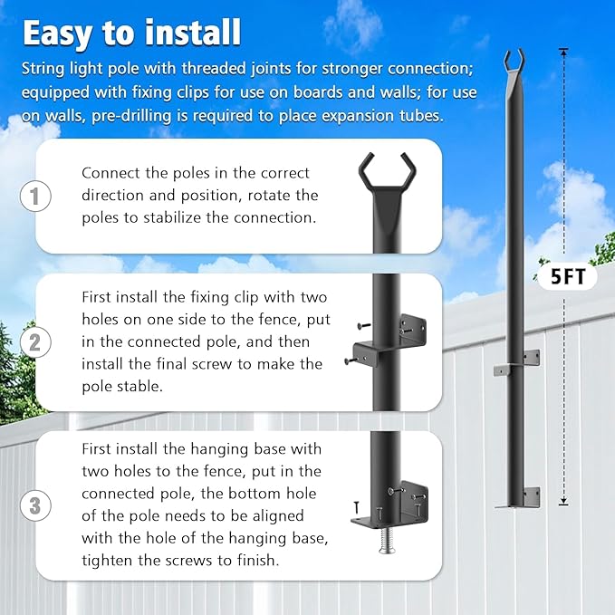 8 Pack String Light Poles,5Ft Metal Poles for Outdoor String Lights,Outdoor Light Poles with Post,Poles/Stand for Outside,Patio,Deck,Backyard,Garden Wedding,Party