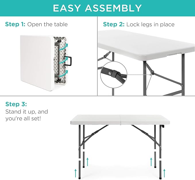 Best Choice Products 4ft Plastic Folding Table, Indoor Outdoor Heavy Duty Portable w/Handle, Lock for Picnic, Party, Camping - White