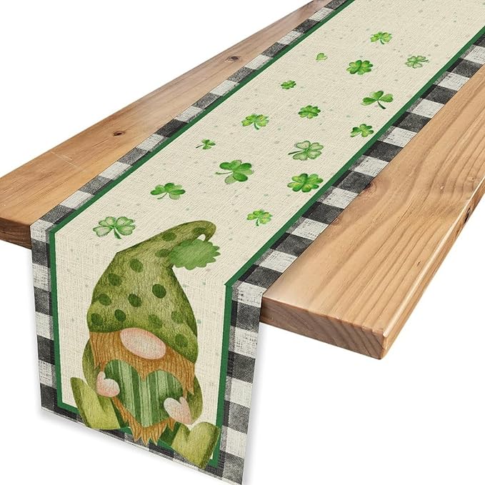 St.Patrick's Day Table Runner,Vintage Black White Plaid Green Polka Dot Gnome Shamrock Seasonal Spring Table Center Decor for Home Kitchen Dining Patio Party Indoor Decorations, 13"x72"