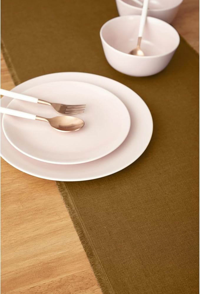 Solino Home Fringe Linen Table Runner 108 Inches Long - 100% Pure Linen Toffee Brown Dining Table Runner 14 x 108 Inch - Handcrafted and Machine Washable