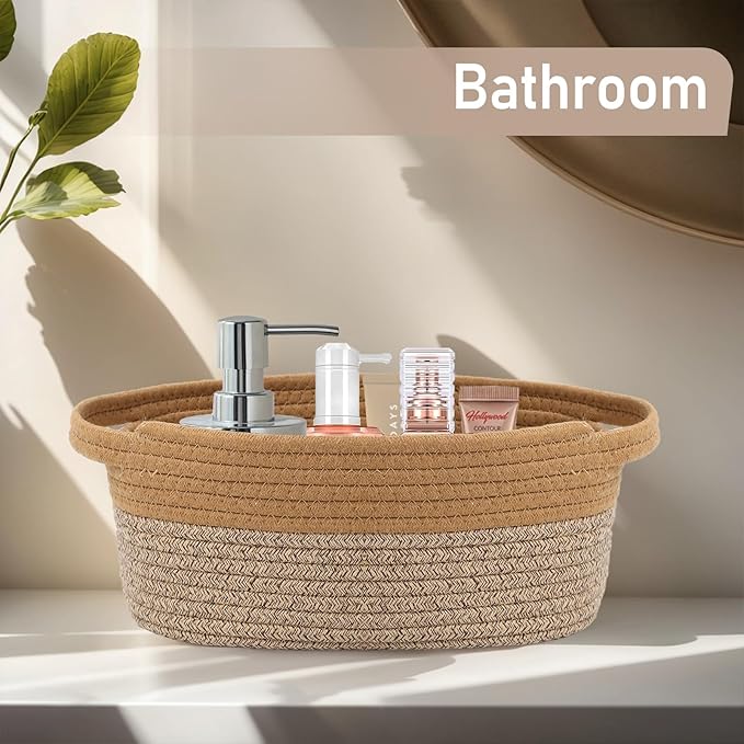 Woven Basket,Small Rope Storage Bin with Handles & Ribbon Bag, Organizer for Shelves Closets,Gift Basket Empty for Birthday,Books,Dog Toys, Jute&Brown/3 Pack