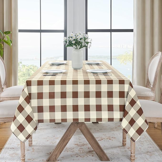 Softalker Gingham Checkered Tablecloth Rectangle - Outdoor Waterproof Buffalo Plaid Table Cloth, Stain Resistant Washable Table Cover for Picnic, Camping, Dining - Coffee and White, 60 x 102 Inch