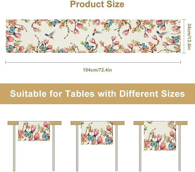 Spring Flower Table Runner, Seasonal Rustic Garden Flowers Bird Butterfly Print Table Runner for Home Kitchen Table Decor, 13x90inch