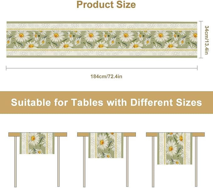 Daisy Flower Table Runner, Summer Watercolor Plants Floral Spring Garden Table Cover for Farmhouse Kitchen Dining Room Party Picnic Table Decor, 13x90inch