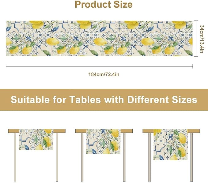 Vintage Lemon Table Runner, Watercolor Yellow Lemons Blue Tiles Spring Summer Seasonal Kitchen Dining Table Decoration for Indoor Outdoor Party, 13x60inch