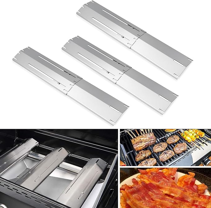 Universal replacement heavy duty adjustable heat plate shield,Burner cover,Flavorizer bar,heat Tent,Flamer tamer for gas grill models,Extends from 11.75"up to 21"L (304 Stainless Steel, 4 Pack)