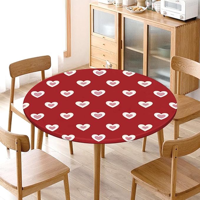 Valentines Day Round Fitted Tablecloth with Elastic Red Pink Heart Circle Table Cloth for 36-40" Round Tables Wipeable Waterproof Washable Burgundy Valentine Table Cover for Picnic Dining Party Decor