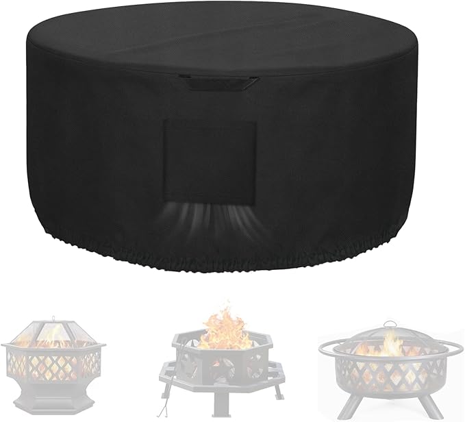 Kovshuiwe Round Gas Fire Pit Cover-600D Fabric Waterproof and Resistant Material,Fits Outdoor for 34-36 Inch Fire Pit/Table Cover, Patio Fire Bowl Cover-36 Dia x 20" H, Black