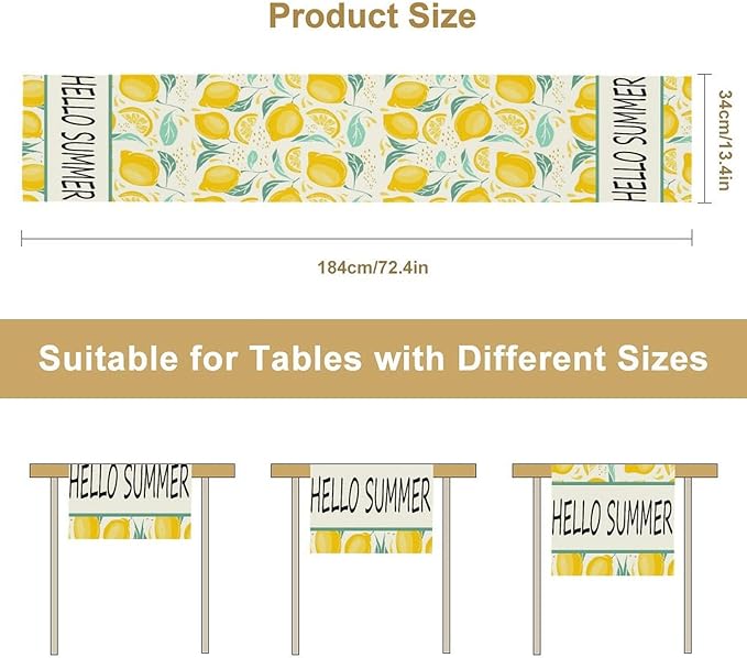 Spring Yellow Lemon Table Runner, Hello Summer Seasonal Exotic Fresh Fruits Plants Branch Leaves Print Table Cover for Farmhouse Kitchen Table Party Decor, 13x120inch