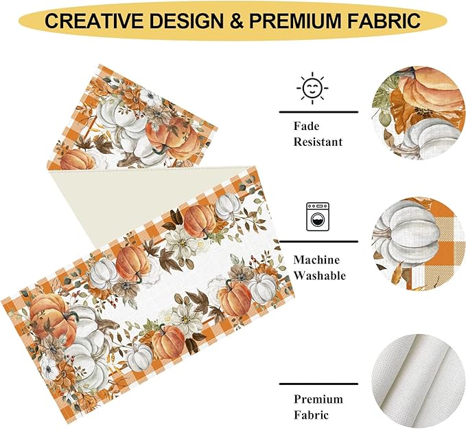 Fall Table Runner, Farmhouse Autumn Pumpkin Harvest Orange Buffalo Plaid Thanksgiving Rustic Coffee Table Center Decor for Home Kitchen Dining Patio Holiday Party Indoor Outdoor, 13"x72" Inch