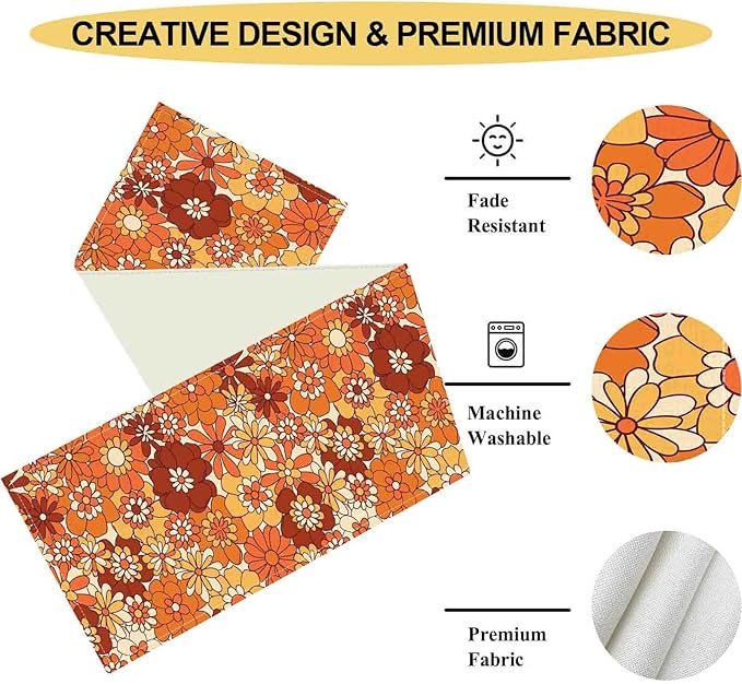 Orange Floral Table Runner, Retro Groovy 70s Hippie Floral Funky Cute Flower Trippy Coffee Table Center Decor For Home Kitchen Dining Patio Holiday Party Indoor Outdoor Table Decorations, 13"x72" Inch
