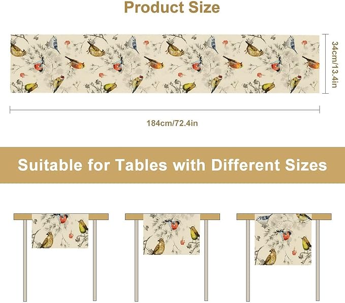 Vintage Bird Table Runner,Watercolor Winter Perching Birds Table Decoration for Kitchen Dining Table Holiday Indoor Outdoor Home Party Decor 13x60in