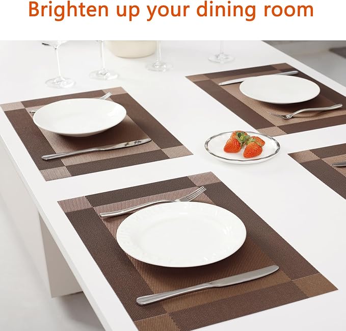Placemats Set of 8 Washable&Wipeable Place mats for Dining Table Kitchen Indoor Outdoor Table Mats Heat Resistant Non Slip Woven Vinyl Table Placemats (Brown,8PCS)